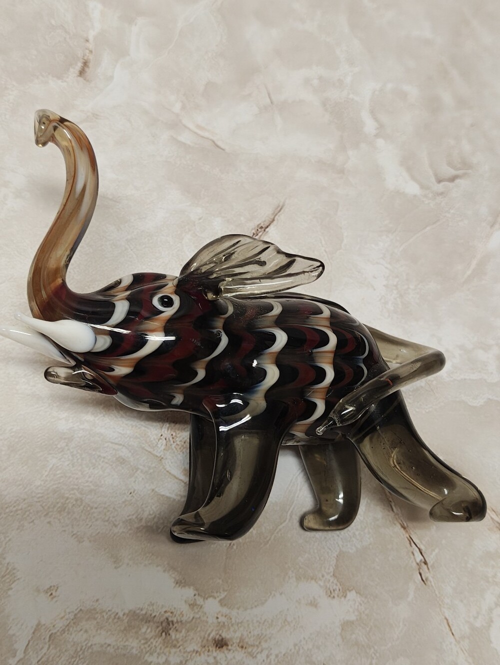 Glass Elephant Figurine Smokey grey glass with red, white & tan feathering